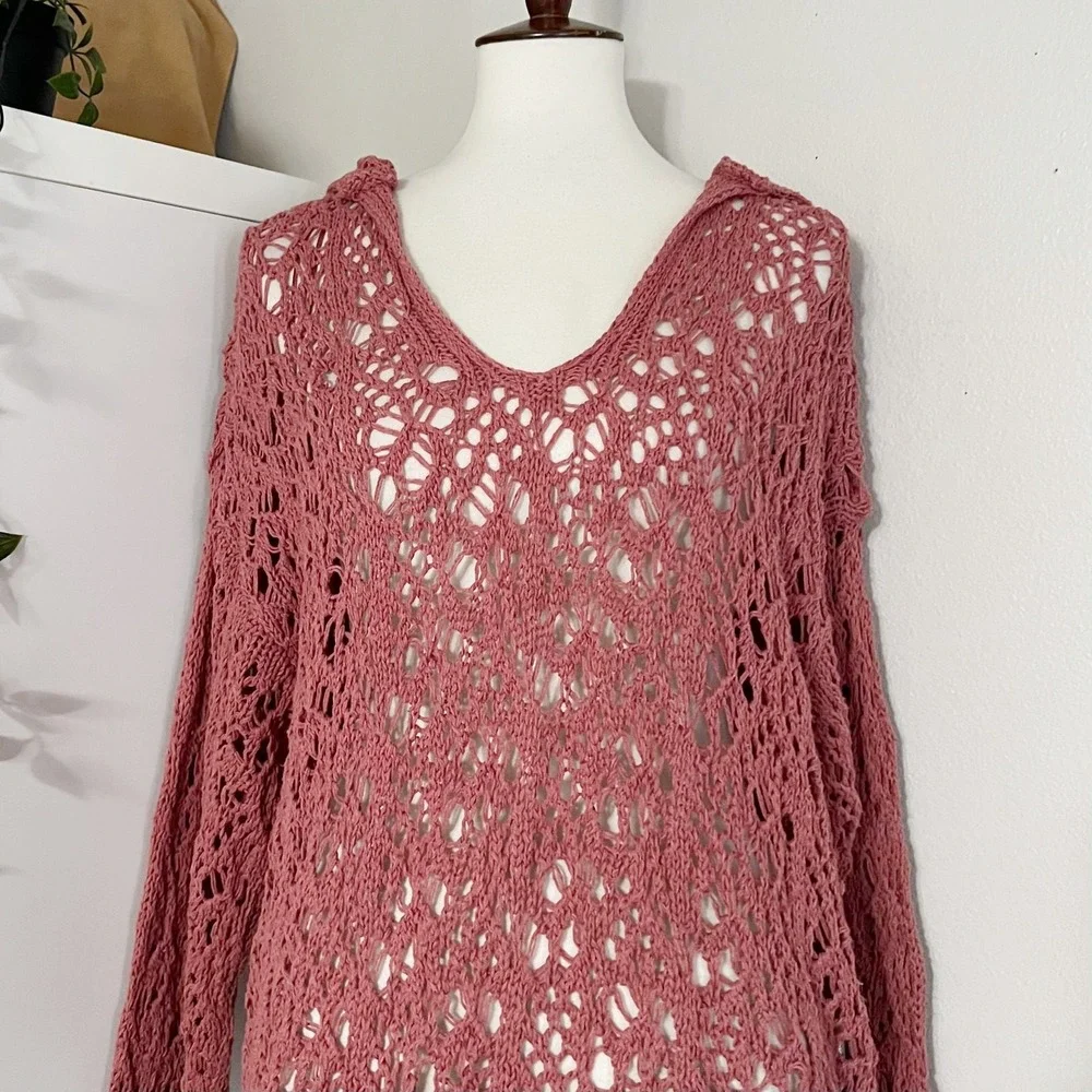 Zara Women's Pink Crochet Open‎ Knit Hooded Sweatshirt Size Small